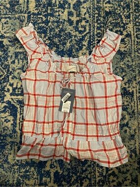 Universal Thread Red and White Plaid Ruffle Button Tank